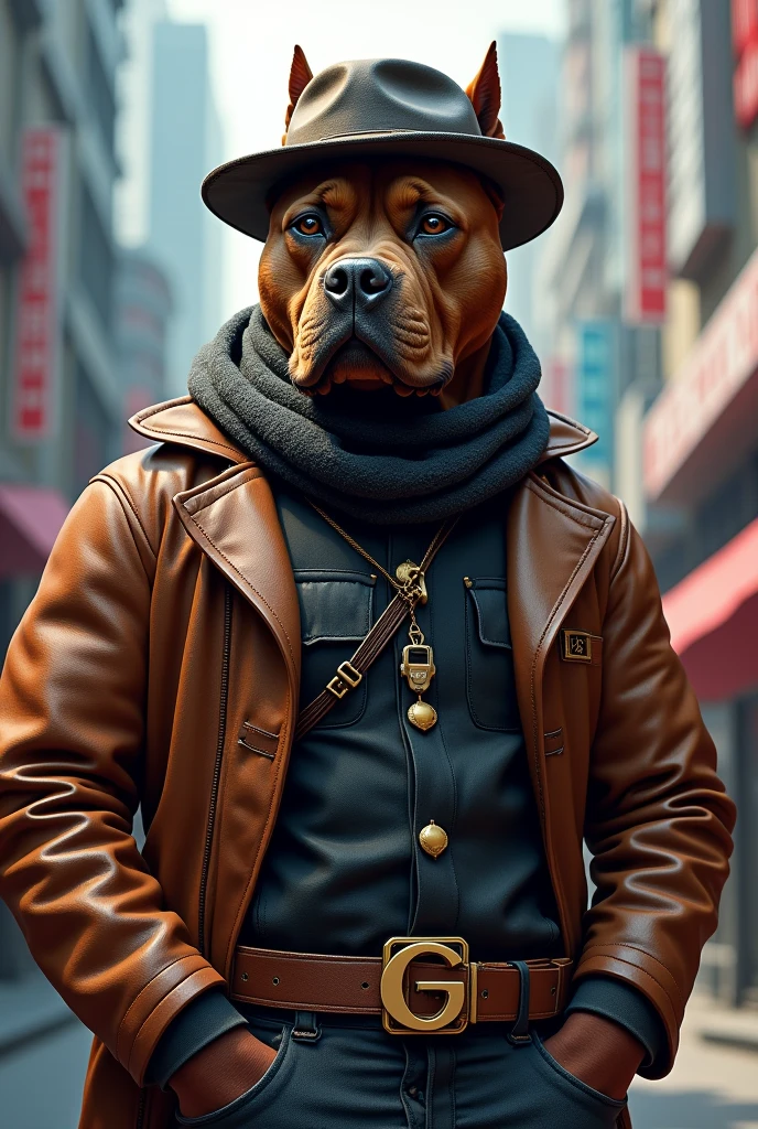Photo of a dog of the American bully breed, coat color chocolate brown, hat and scarf，art station trends，wear fashionable clothes，hyperrealistic detailed visualization，Urban style，intimidating pose，Planet of Dogs，Fashionable outfit，urban samurai，doggy，In a work hat，Stylish cityscape. On the buckle of the belt there is a logo of the capital letter G