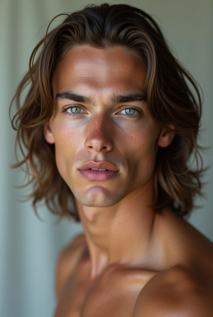 man who is 21 years, white norwegian male, masculine features, the most beautiful man, long brown hair, hunting amber eyes, greek god beauty, ethereal beauty,hunter eyes, hot body, sexy, passionate, V chin, L shape jawline, hollow cheeks, high set cheekbones, harmonious symmetrical face, golden ratio