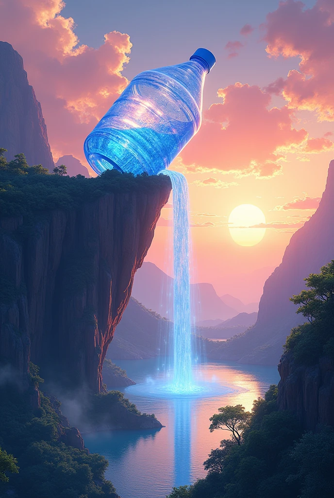 A (((gigantic plastic water jug))) is lying on its side on top a mountain cliff, it is pouring out a waterfall into a lake, Hyper realistic, intricate details, glowing scenery, sunset, fantasy, anime, intricate sparkling atmosphere, concept art