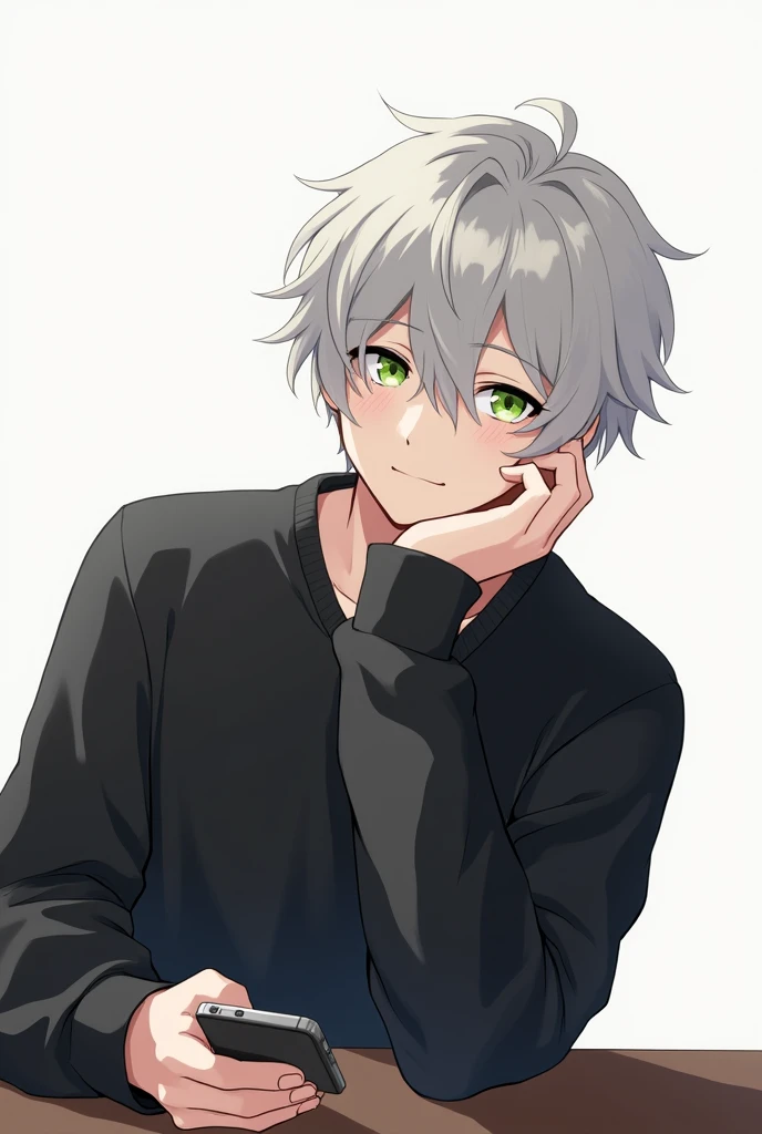 This image depicts an illustration of a young man. He is wearing a black sweatshirt and is holding a smartphone in one hand while supporting his chin with the other. His hair is short and a light gray color, appearing slightly tousled, and his eyes are a vivid green. His expression seems contemplative, giving off a calm vibe. The background is simple, which makes his figure stand out. Overall, it presents a stylish and attractive visual.