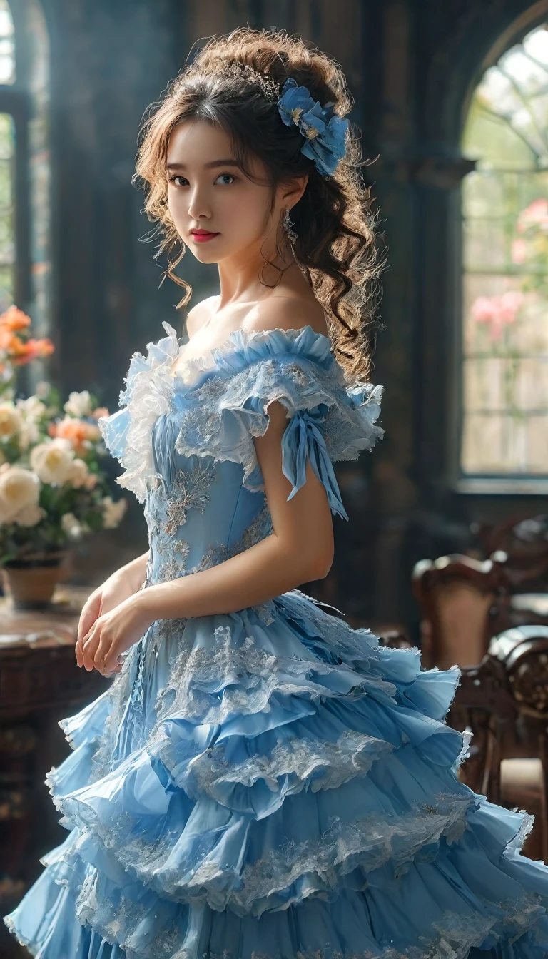 highly detailed, 8k, masterpiece, front view, looking at the viewer, One girl, Blue frills_hair_tube, dress, bend_that's all , Grin, (perfection_face), Sitting, machine, Brilliant, Complex, Dramatic lighting, 4K, detailed_background, Caustics, full_body, (Surreal:1.3), bloom,(Beautiful lighting:1.3), Caustics, Dynamic Lighting, Beautiful lighting, (Dakota Fanning:0.5),big smiling, big breasts, very long eyelashes, braids, pink shiny lipgloss