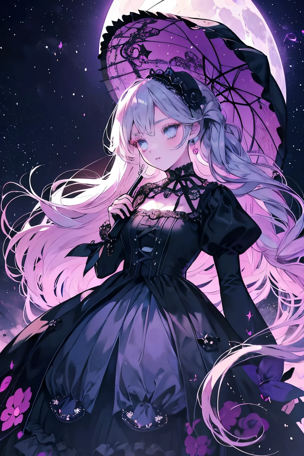 Anime girl in skirt holding umbrella in dark room, Moon themed clothing, fantasy costumes, rococo cyberpunk, Elegant Gothic Princess, black and pink clothing, gothic shoujo anime girl, Astral Witch Clothes, ta fashion, ((beautiful fantasy queen)), Charming hypnotic woman, Dress up in dreamy formal attire, lulua workshop, fairy tale core, I&#39;m going
