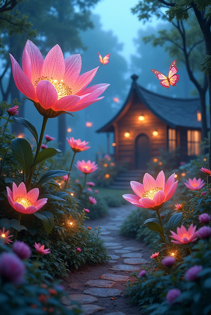 A picture of a magical flower garden, with magical flowers, and butterflies flying, glowing home light 