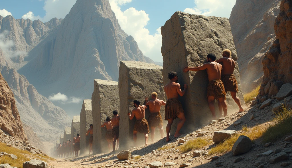 Ancient people pushing large stones up the mountain.