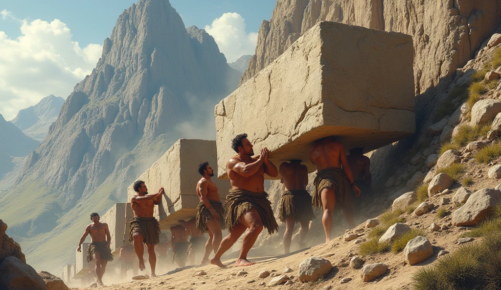 Ancient people pushing large stones up the mountain.
