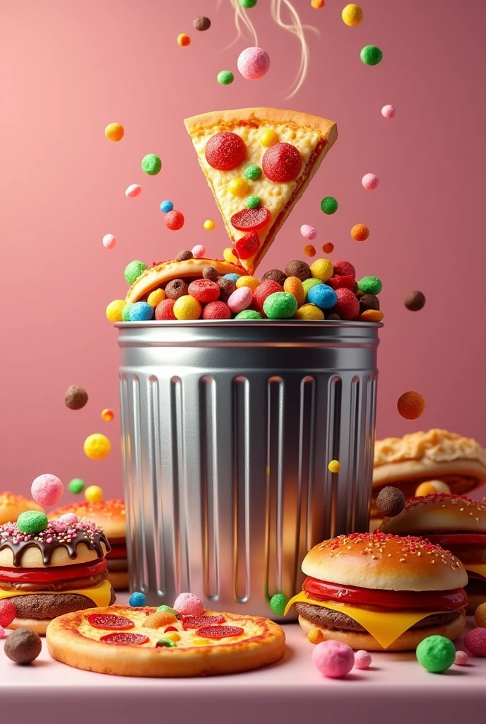 trash can full of sweets and pizzas on a table