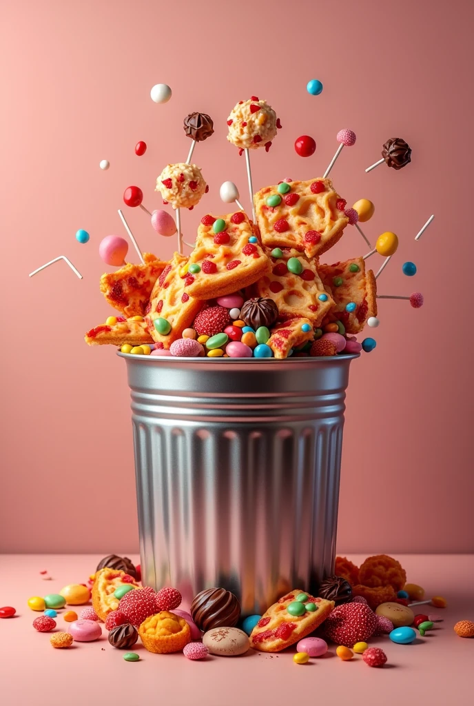 trash can full of sweets and pizzas on a table