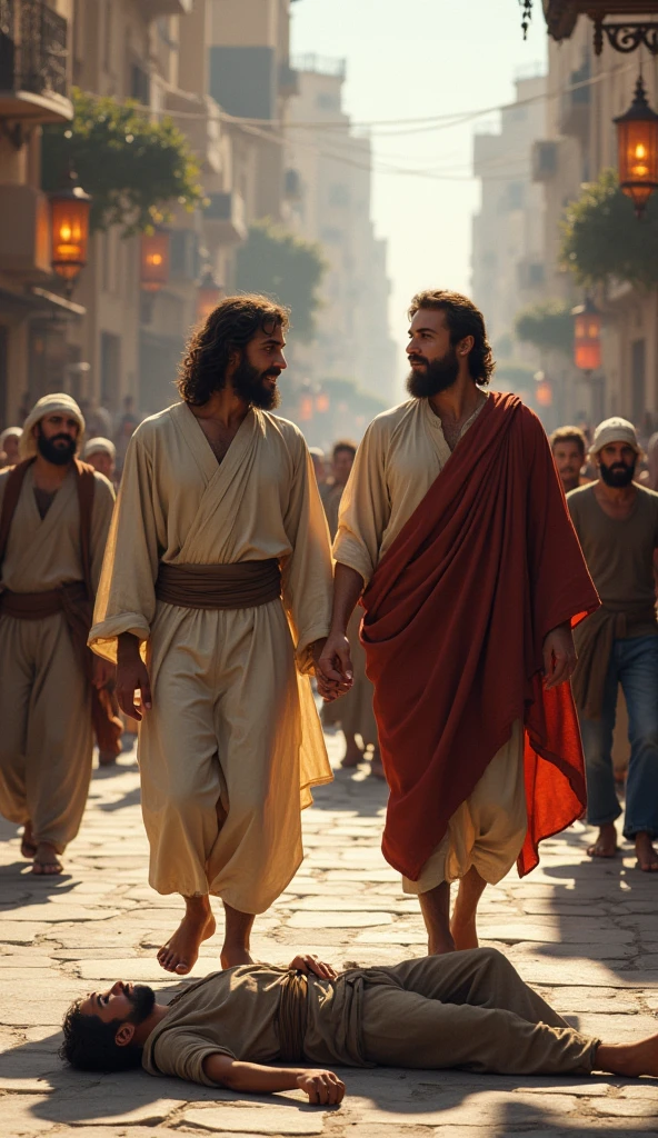 An image that will be the beginning of the novel where Jesus teaches a young man and they are walking through the city and Jesus points to a beggar lying on the street 