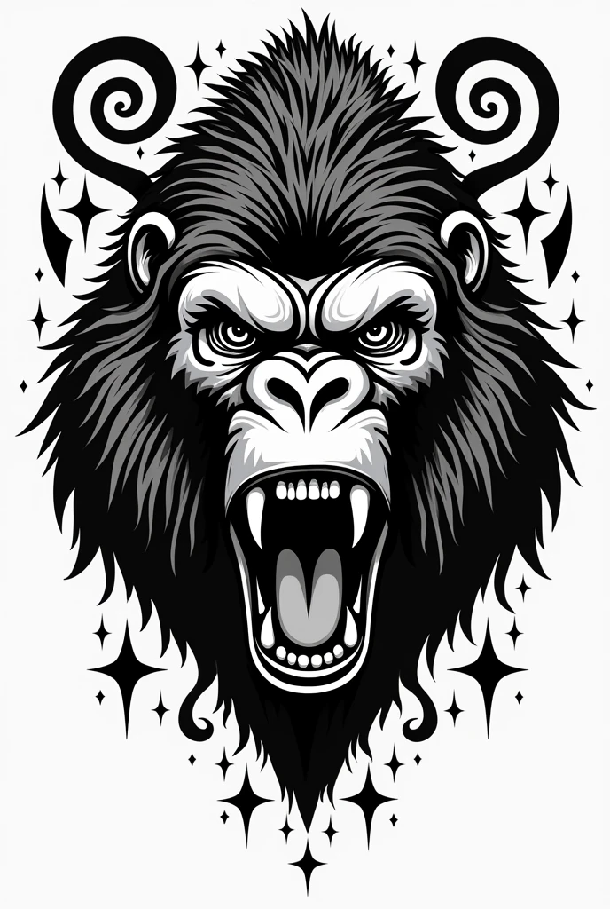 a roaring gorilla head in tattoo form in a black and white image with adinkra symbols