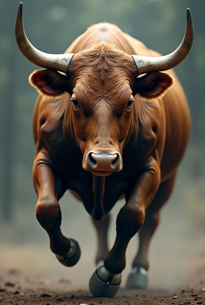 Create a hyper-realistic, color image of a single bull. The bull should be detailed with lifelike textures and shading. Position the bull in a way that it appears to be stepping out of the image into real life, with its head and front legs extending beyond the frame. The background should be plain or very subtle to ensure that the focus remains entirely on the bull, emphasizing the 3D effect as it seems to come alive from the image