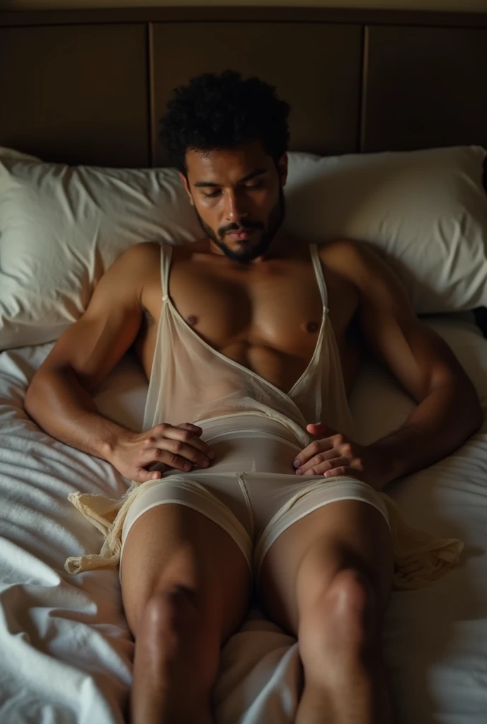 A SUBMISSIVE BRAZILIAN MAN WEARING A SHORT STRAP DRESS LYING WITH HIS ASS UP ON A BED
