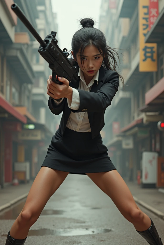 beautiful chinese office lady mini skirt realistic machine gun toting hip firing real person legs apart standing rampage shooting