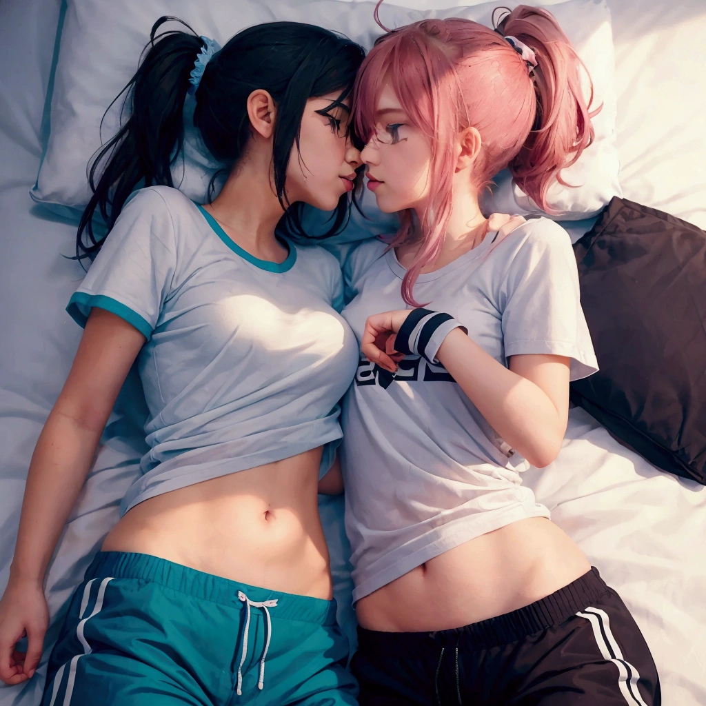 Two girls kissing in bed