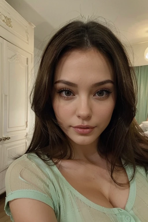 jolie ((brune)) European, beautiful and sexy, aux yeux vert clair, 28 ans, seductive look in the eyes, alone, pyjama rose, head of&#39;artwork, la plus haute qualité, realistic, very detailed, high resolution, sharpness, nice eyes, bathroom selfie