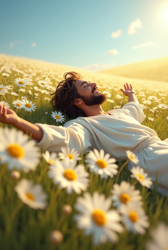 	Jesus Lying in a Field of Daisies: A joyful image of Jesus lying on his back in a wide field of daisies, looking up at the clear blue sky with a radiant smile. His arms are outstretched as if embracing the warmth of the sun, and his hair is tousled by the gentle breeze. The field is endless, filled with the white and yellow of daisies, and the entire scene exudes a feeling of peace, contentment, and connection to the earth.