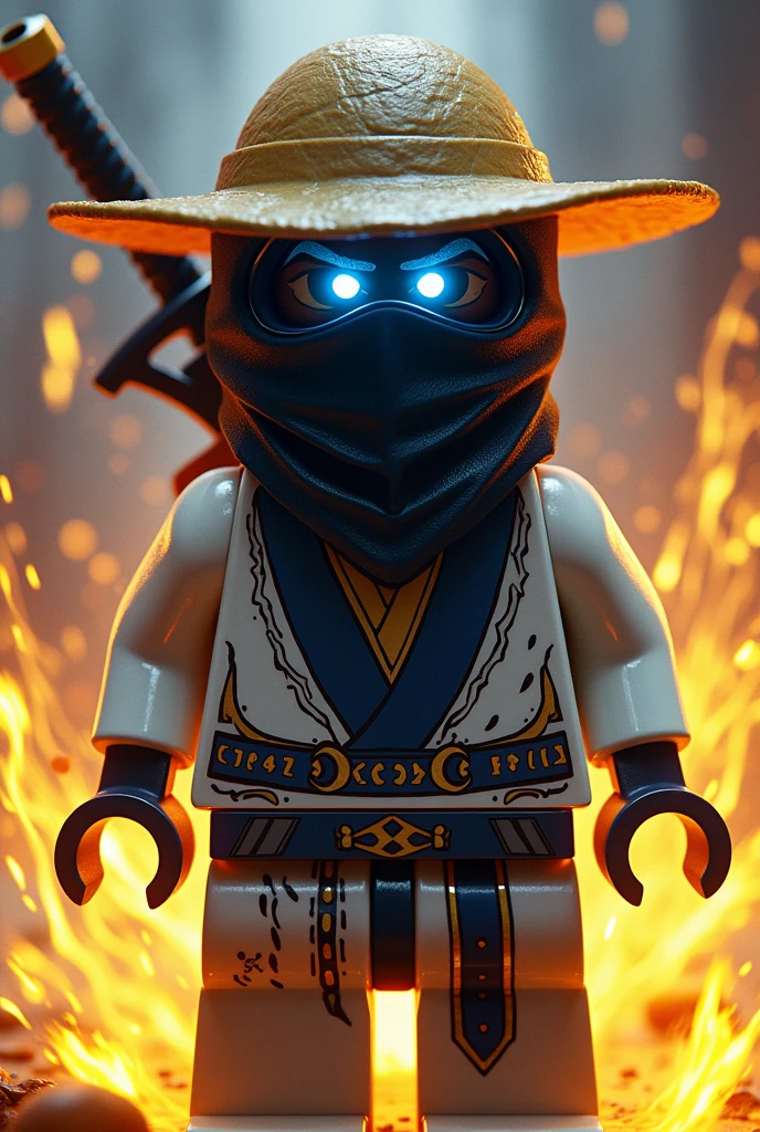 Créer moi un lego ninja go premier maitre du spijisufuturiste de la dernière puissance dimensionaire un ninja avec un chapeau de paille sur la tête noir et un masque de couleur noir, gris, bleu sur la tête et un bandeau noir profond autour de la bouche, avec une peau sombre noir et il faut des traces d’électricité jaune et bleu foncé dans le visage et un regard terrible de noirceur avec des yeux ridé en bleu fonce profond brillant avec une puissance incroyable avec comme puissance élémentaire l’électrique, l’énergie, la terre, le feu, la glace. Les habits du ninja doit être en blanc anthracite, bleu nocturne et golden suprême et fer anthracite avec des reure en forme d’électricité bleu clair et jaune brillant et des écritures japonaises et le parchemin antique sacré le plus puissant en golden. Un ninja imbattable monstrueux beaucoup trop puissant qui contrôle tous les pouvoirs élémentaires. Le ninjadoit être destructeur et soif de victoire un gentil et mechant avec un sabre dans le dos