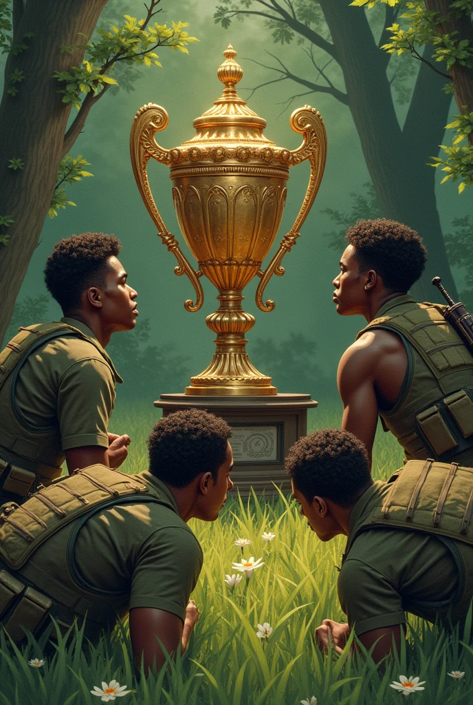 Four soldiers lying on a lawn in a forest, they are observing a splendid and majestic trophy, the soldiers are wearing bulletproof vests and have weapons hanging on their backs, there are 4 soldiers, two of them have dark skin, Of those with dark skin, one has short curly hair and the other has longer curly hair..