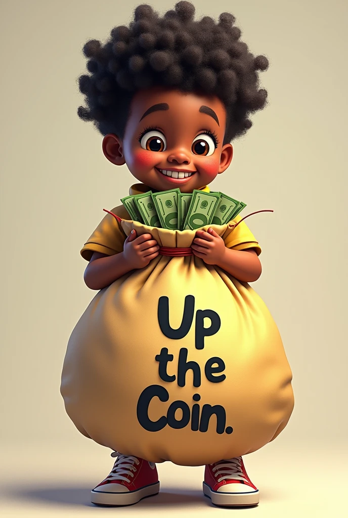 black kid holding a big money bag with UP THE COIN RCDS written around it like he was blushing