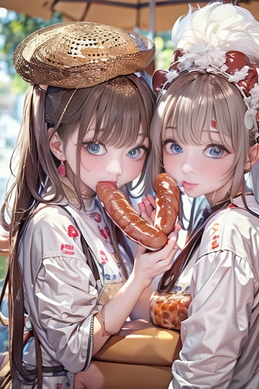 (8k, Highest quality, masterpiece:1.2),Two cute women eating sausages together、Deep Kiss、Dripping white liquid from mouth