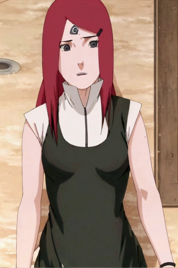 (Kushina Uzumaki1),(Woman1),(Solo), Kushina is a woman known for her beauty. She had a thin but feminine face, fair skin, blue eyes, long bright red hair, and a black clip that left part of her hair to the left.(Wearing),+,(bikini)