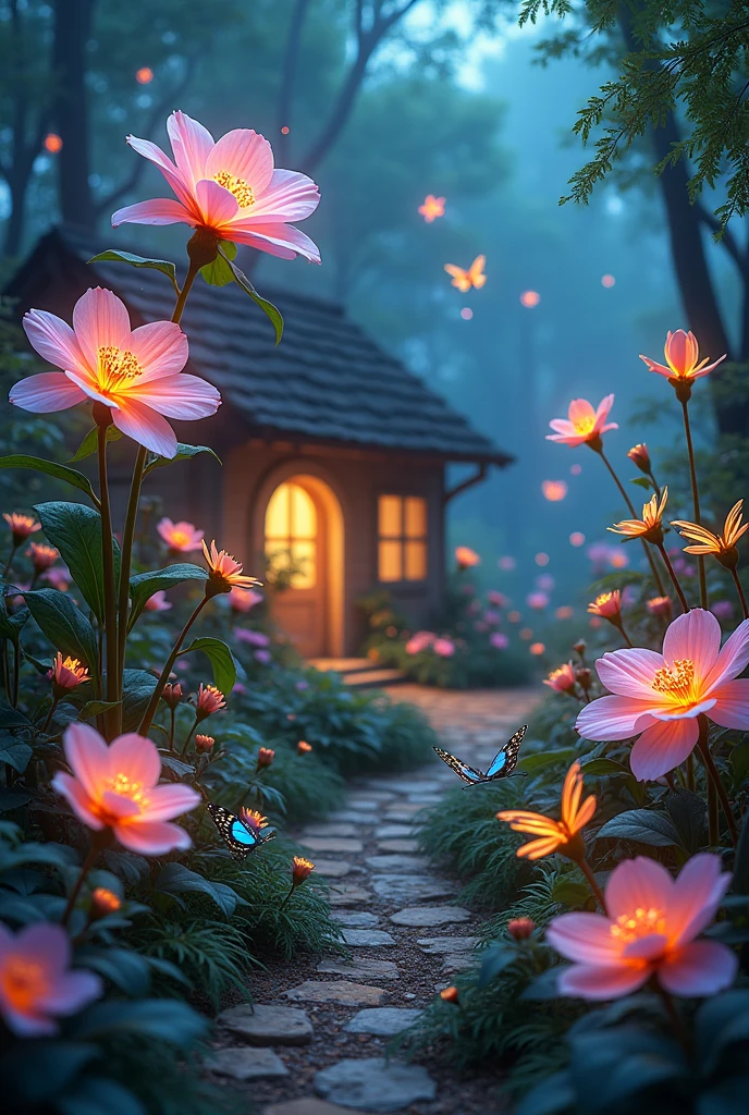 A picture of a magical flower garden, with magical flowers, and butterflies flying, glowing home light