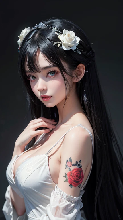 Anime girl with long black hair and a white dress with red roses, tattoo, Beautiful eyes in every detail, Gwaiz, Gwaiz on pixiv artstation, Detailed digital anime art, Beautiful Anime Girls, Gwaiz on artstation pixiv, Anime Style 4k, everyone, Beautiful anime portraits, Detailed portrait of an anime girl, Detailed anime art, Beautiful Anime Woman