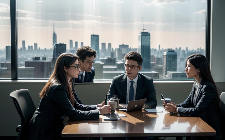 Business meeting in a modern office setting, with 4 to 6 people sitting around a conference table. The participants are dressed in professional attire, actively engaged in discussion, with laptops, notebooks, and coffee cups on the table. The office has large windows with natural light coming in, and a city skyline visible in the background. The atmosphere is focused and collaborative.