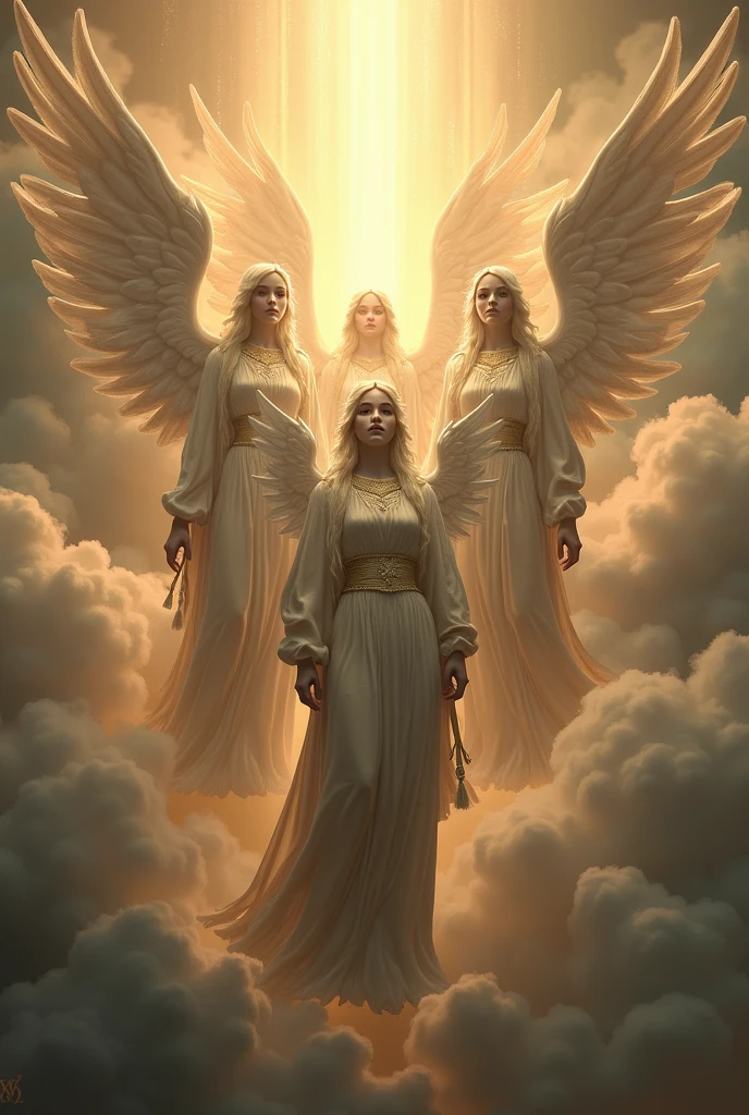 Cherubim Angels in closed clothing men with multiple wings