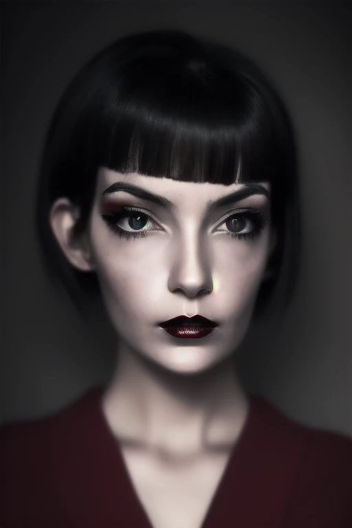 Photo noire et blanc, film noir style, Maginifique, young woman, (very short shaved hair), demi-corps, Dramatic lighting, (sepia), high contrast, ombres dramatiques, 20s style, Mysterious, cinematic, Bright red lips (((Only lips red))), (looking at viewer),