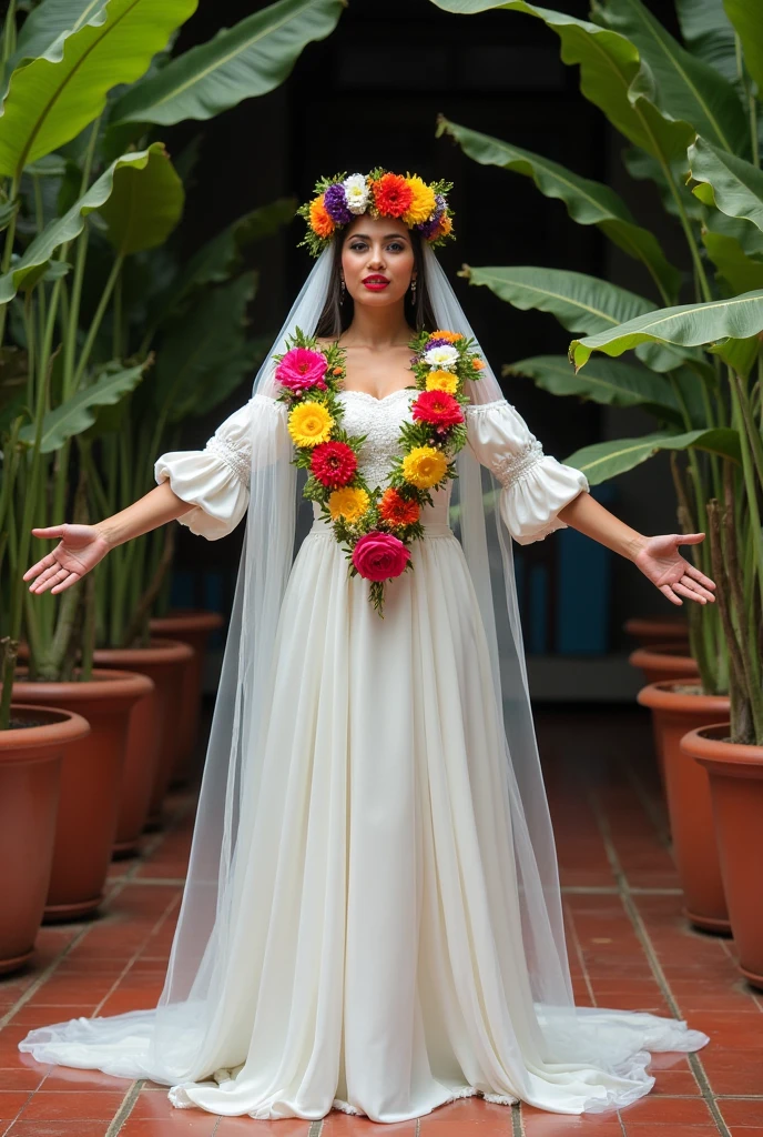 A beautiful mexican woman wearing a white dress and veil stands on a red brick floor, her arms outstretched as if to embrace the viewer. The dress is adorned with colorful flowers, adding a vibrant touch to the scene. In the background, there are several potted plants of various sizes, providing a lush greenery atmosphere. The overall setting appears to be an elegant and artistic display, possibly for a special event or photoshoot.