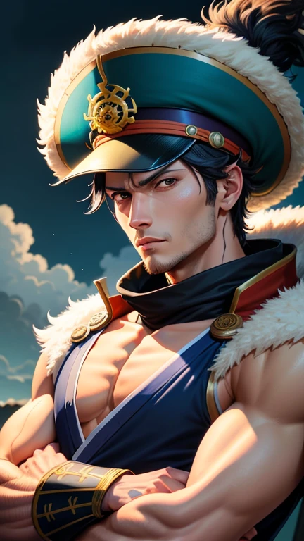 A highly detailed, realistic digital painting of [trafalgar d water law] from [One Piece], looking directly at the camera with a [emotion] expression. Vibrant colors, cinematic lighting, and intricate details in the character's face and outfit ,stylized, minimalist vector illustration of [trafalgar d water law] from [One Piece], using bold lines, flat colors, and negative space to capture their essence. The illustration has a modern, trendy aesthetic with hat, shepherd hat, hat, liiking in frount . like hawkeye mihawk, 8 k wallpaper, extreme detailed face) Ten, highly muscular body, strong muscles, barba, hopeful eyes, glare eyes, blue colored eyes, mature and steady, sophisticated, white short sleeves, Retrato de Onmyoji, miyamoto musashi, detailed anime character art, Pavilion background