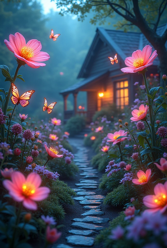 A picture of a magical flower garden, with magical flowers, and butterflies flying, glowing home light
