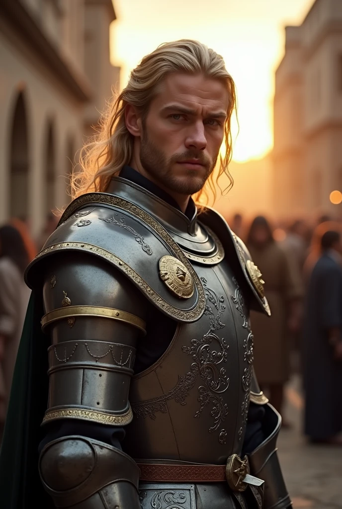 Photography de cartera majestuosa y intrincadamente detallada, 1 man, (Body portrait:1.2), An arrogant paladin, handsome and impeccable, (Polished steel plate armor with intricately detailed filigree:1.4), stubble, long blonde hair, (detailed eyes, (cocky smile:1.3):1.3), (Castle courtyard full of people, Medieval setting, Crowd of curious people, peasantry:1.6), (Sunset, warm colors:1.2), gloomy, (backlit:1.3), reflections, High resolution, depth of field, (deep shadows:1.2), High detail, sharp focus, seeds, roughness, photographed with a Canon EOS R5, 50mm lens, f/2.8, HdR, real life, backlit, photorealism, Photography