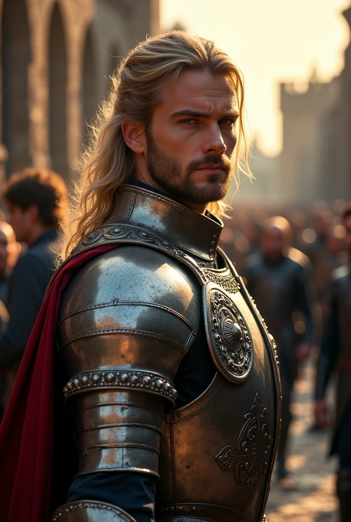 Photography de cartera majestuosa y intrincadamente detallada, 1 man, (Body portrait:1.2), An arrogant paladin, handsome and impeccable, (Polished steel plate armor with intricately detailed filigree:1.4), stubble, long blonde hair, (detailed eyes, (cocky smile:1.3):1.3), (Castle courtyard full of people, Medieval setting, Crowd of curious people, peasantry:1.6), (Sunset, warm colors:1.2), gloomy, (backlit:1.3), reflections, High resolution, depth of field, (deep shadows:1.2), High detail, sharp focus, seeds, roughness, photographed with a Canon EOS R5, 50mm lens, f/2.8, HdR, real life, backlit, photorealism, Photography