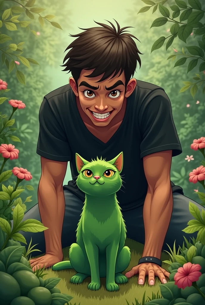 A young man with brown eyes and in black t shirt with evil laugh want to steal a cute little green cat in the green garden