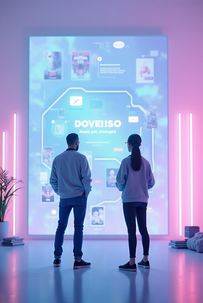 A 3D render of a light purple, blue, and pink gradient background with a large human-sized mobile screen in the center. The screen displays a list of online movie posters /logos There are two people standing in front of the screen, with their backs toward the viewer. They are wearing casual attire. The room has a minimal design, with a few objects scattered around.