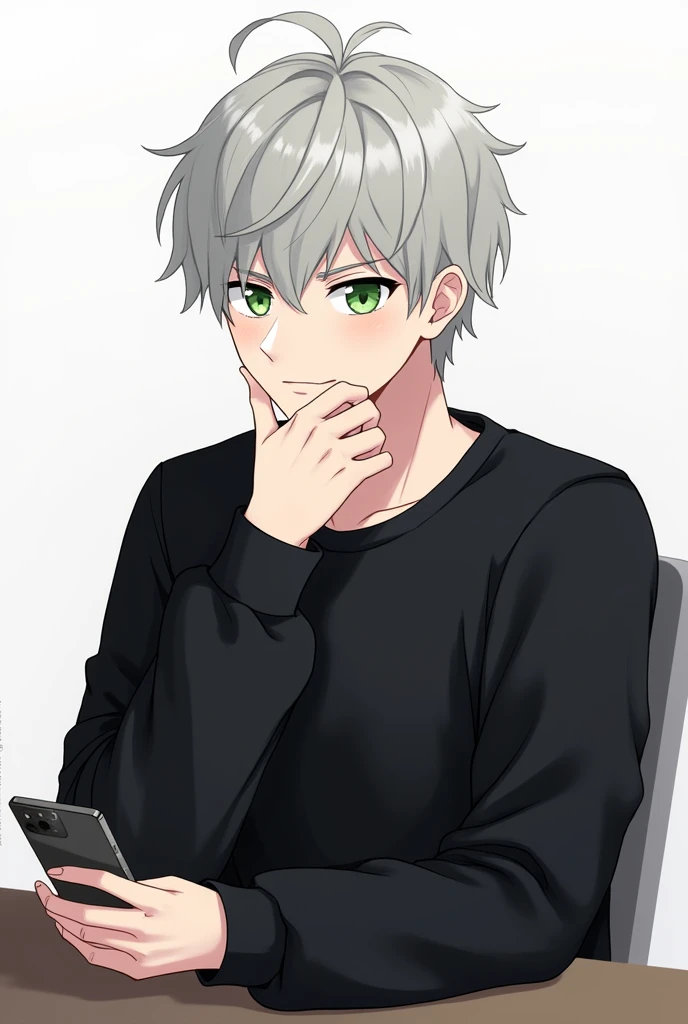 This image is、Shows the illustration of a young man。He is wearing a black sweatshirt、While holding the smartphone in one hand、The other hand is supporting the chin。His hair is short、In pale grey、I feel a little disorganized.、The eyes are bright green。His expression seems a little thoughtful.、It creates a calm atmosphere。The background is simple、His appearance stands out。overall、Stylish and attractive visuals。