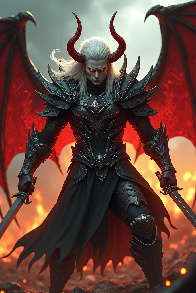 Hellish fire scene, hyper realistic, highly detailed, handsome male, white skin, bright red eyes, detailed demon armor, wielding two swords, fierce expression, sinister, dominant pose, bloody, white hair, realistic