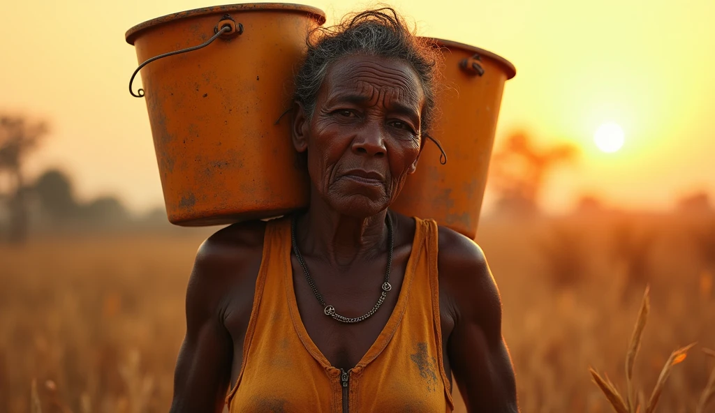 Prompts d’image ratio 16:9:La mère d’Assane, Sofie, travaillant dur : Une femme noir d’âge moyen, fatiguée, portant des seaux d’eau sous le soleil brûlant, avec des rides profondes marquant son visage de labeur. Image de haute qualité très détaillé 