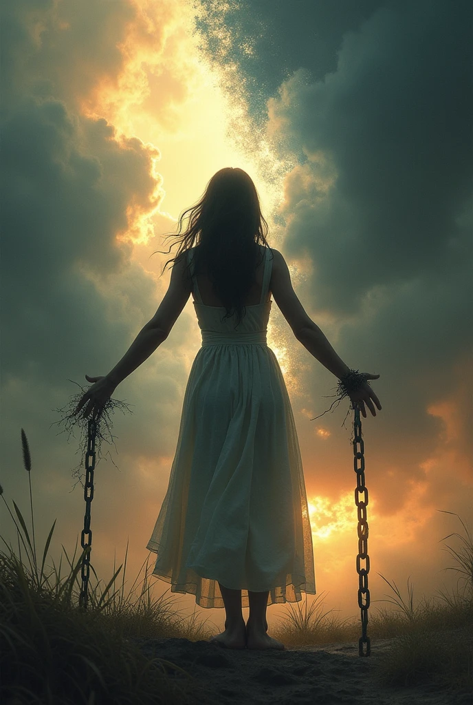 "A woman stands with her back facing the viewer, arms outstretched as chains break apart from her wrists. The background transitions from dark and stormy on one side to bright and peaceful on the other, symbolizing a journey from oppression to freedom. The woman's posture exudes