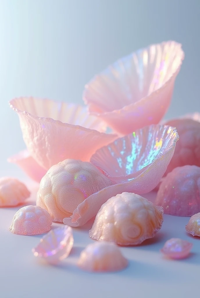 (photorealism: 1.2), photo realistic of iridescent transparent seashells