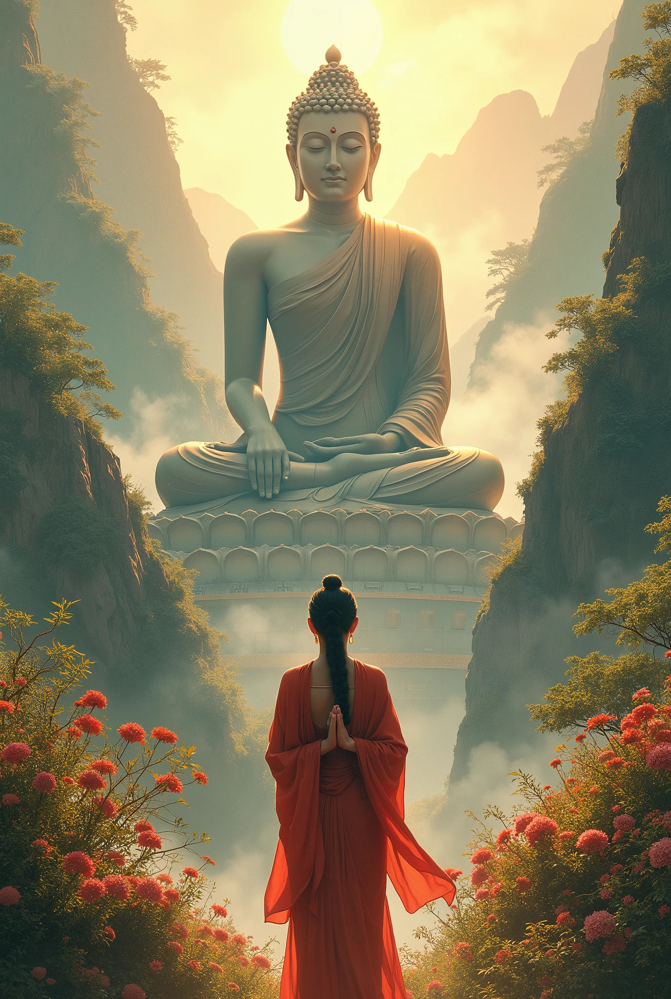 Imagine a woman in traditional clothing,Hands together,Stand before the majestic Buddha statue。The Buddha is kind,Surrounded by green mountains and gorgeous flowers,The sun shines on her,Create a sacred atmosphere。