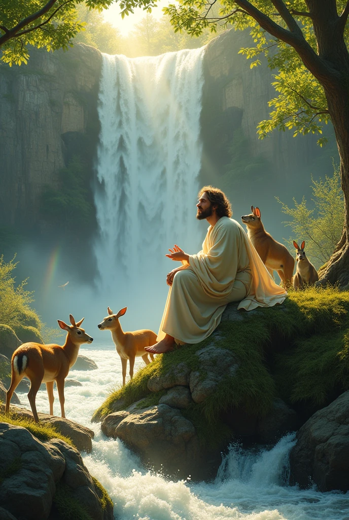 Jesus Sitting by a Waterfall with Animals: An image of Jesus sitting on a large rock beside a cascading waterfall, smiling as animals gather around him. Deer, rabbits, birds, and even a bear cub are drawn to his peaceful presence. The sunlight glistens off the falling water, creating rainbows in the mist, and the scene is filled with the sounds of rushing water and rustling leaves, giving a sense of harmony and joy.