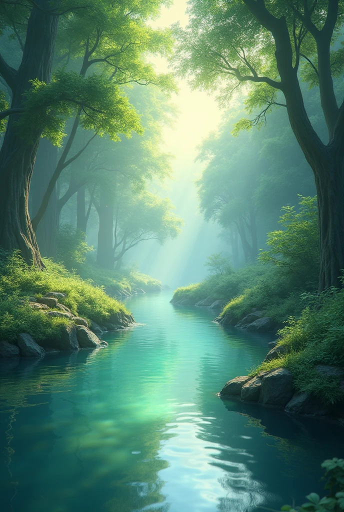 realistic animation, mysterious atmosphere, (best quality, high resolution:1.2), very detailed, realistic, sight, The Enchanted Forest, Beautiful reflection, peaceful atmosphere, soft sunlight, calm valley, Lush green vegetation, A tranquil and peaceful scene, Subtle color palette, Calm atmosphere, breeze, birdsong heard from afar, vivid colors, The freshness of dawn after the rain, magnificent and beautiful, golden sky, underwater rocks, Transparent clear water quality, light reflection on water, ripples on the water, A pattern that makes waves, sublime tranquility, balance, Leisurely and elegant composition, soft lighting, Warm sunlight with golden particles filtering through the leaves.,