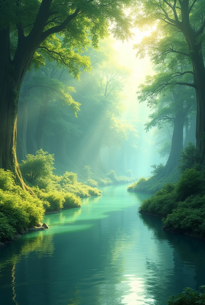 realistic animation, mysterious atmosphere, (best quality, high resolution:1.2), very detailed, realistic, sight, The Enchanted Forest, Beautiful reflection, peaceful atmosphere, soft sunlight, calm valley, Lush green vegetation, A tranquil and peaceful scene, Subtle color palette, Calm atmosphere, breeze, birdsong heard from afar, vivid colors, The freshness of dawn after the rain, magnificent and beautiful, golden sky, underwater rocks, Transparent clear water quality, light reflection on water, ripples on the water, A pattern that makes waves, sublime tranquility, balance, Leisurely and elegant composition, soft lighting, Warm sunlight with golden particles filtering through the leaves.,