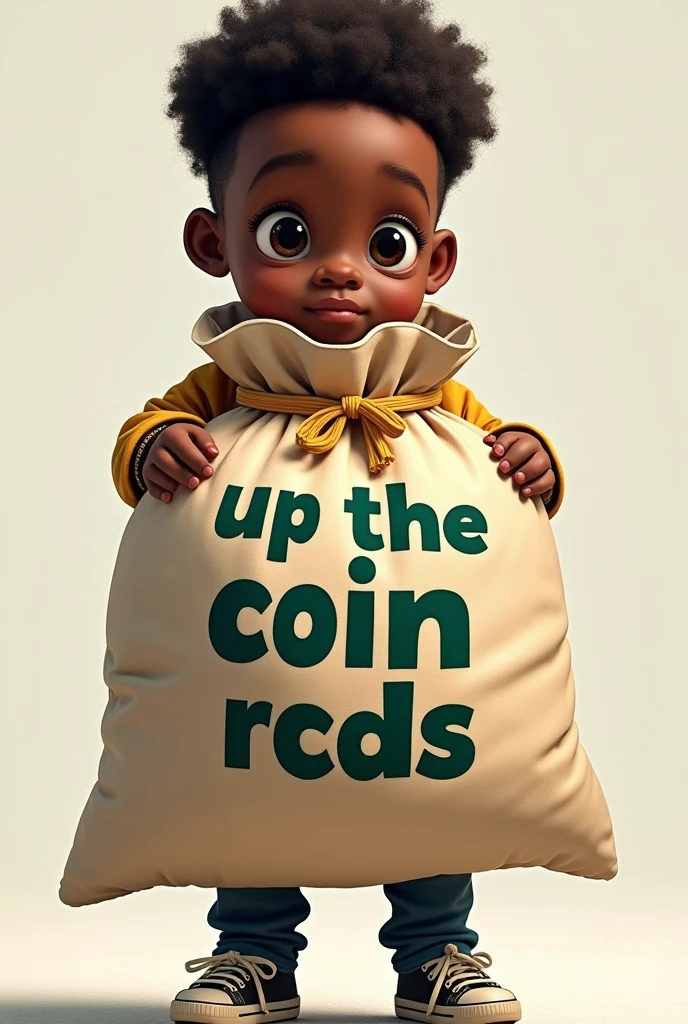  black child holding a large money bag with UP THE COIN RCDS written on it