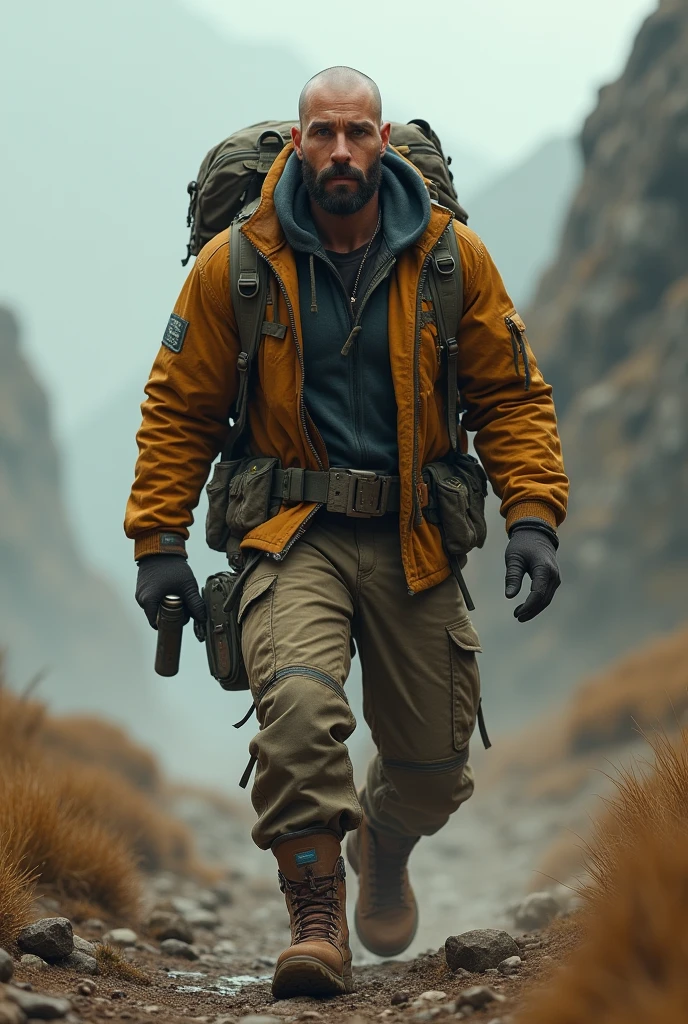 (photorealism:1.2), badass young attractive bald man, black short beard, grey eyes, explorer walking