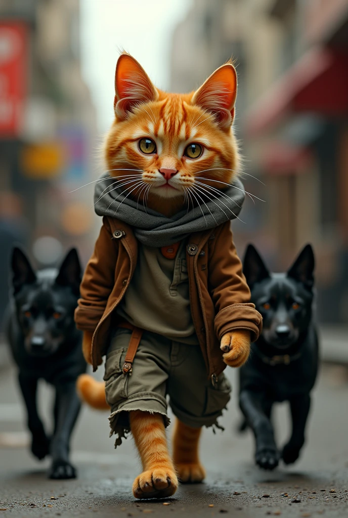 A cute close-up of an orange cat wandering around the city., kitchen, (Kinetics: 1.2), complicated details, ((A cat is walking along the roadside.)) ,Two-legged standing,Torn clothes, Walk on two legs,sad,Among a pack of black dogs
