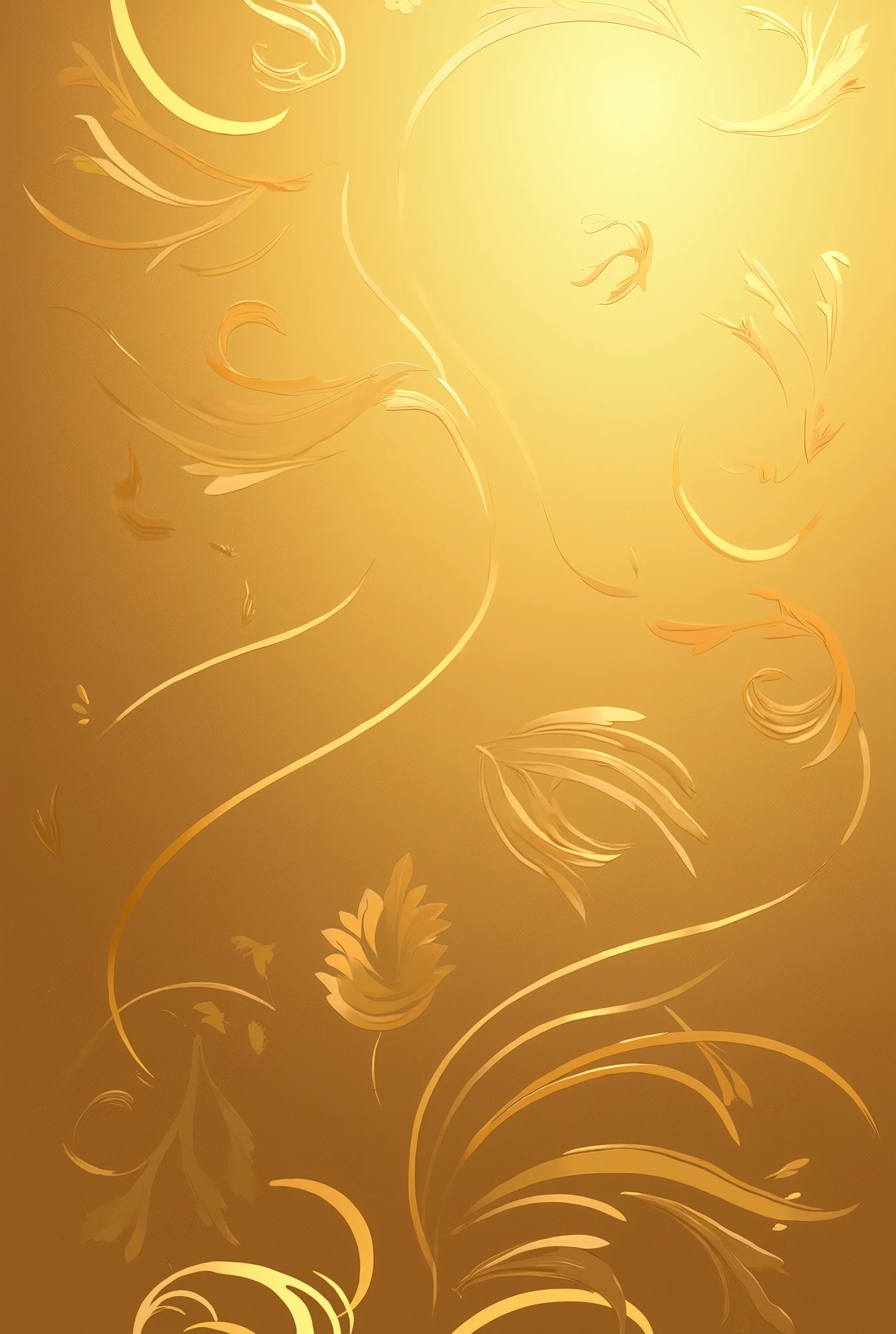 High quality golden abstract background with rich and complex texture. Organic pattern design evoking stylized leaves and floral motifs, subtly integrated into the background. Embossed or beveled effect that creates visual depth. Fluid curved lines and interlocking shapes with variations in intensity to add dimension. Dominant golden hue with subtle variations that enhance the perception of depth and movement. Luxurious and elegant appearance, similar to a luxury wallpaper or decorative panel. Texture that combines smooth areas with intricate details, creating a rich and sophisticated visual effect.