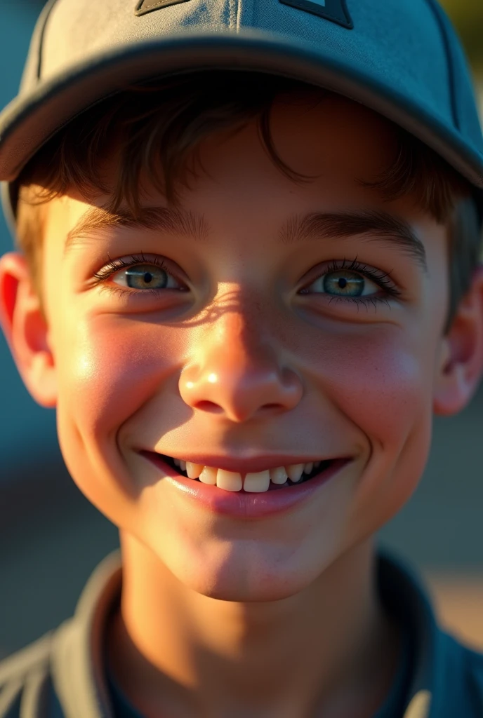 a happy boy wearing a cap, beautiful detailed eyes, beautiful detailed lips, extremely detailed eyes and face, long eyelashes, detailed facial features, close up portrait, cinematic lighting, dramatic lighting, sharp focus, high contrast, cinematic color grading, vibrant colors, photorealistic, hyper detailed, 8k, best quality, masterpiece